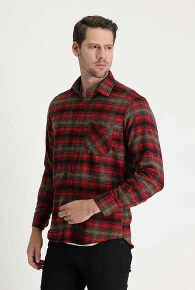 Erkek Giyim - AÇIK BORDO 3X Beden Uzun Kol Regular Fit Ekose Shacket Gömlek