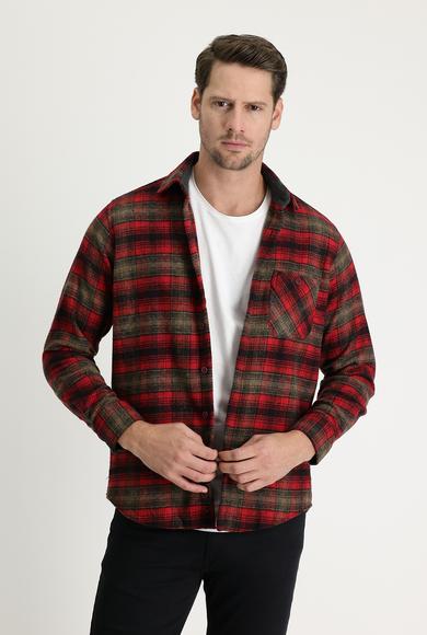 Erkek Giyim - AÇIK BORDO XL Beden Uzun Kol Regular Fit Ekose Shacket Oduncu Gömlek