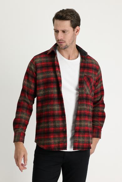 Erkek Giyim - AÇIK BORDO 3X Beden Uzun Kol Regular Fit Ekose Shacket Gömlek