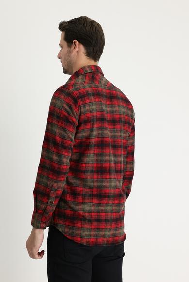 Erkek Giyim - AÇIK BORDO XL Beden Uzun Kol Regular Fit Ekose Shacket Oduncu Gömlek