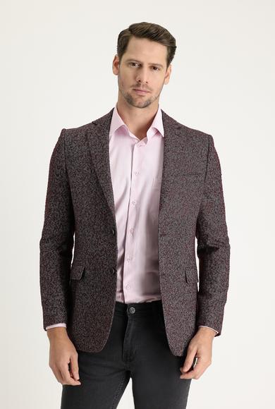 Erkek Giyim - AÇIK BORDO 60 Beden Regular Fit Desenli Yünlü Ceket