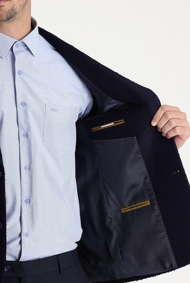 Erkek Giyim - KOYU LACİVERT 60 Beden Regular Fit Desenli Yünlü Ceket