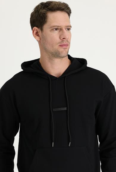Erkek Giyim - SİYAH XS Beden Kapüşonlu Slim Fit Baskılı Sweatshirt
