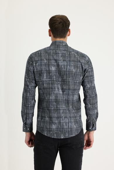 Erkek Giyim - KOYU ANTRASİT XL Beden Uzun Kol Slim Fit Baskılı Gömlek
