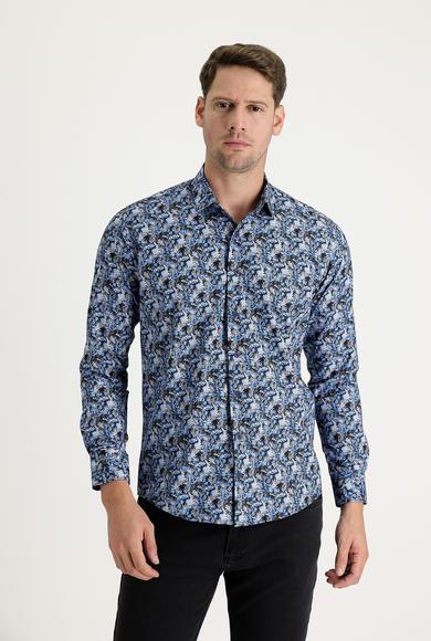 Erkek Giyim - KOYU MAVİ XL Beden Uzun Kol Slim Fit Baskılı Gömlek