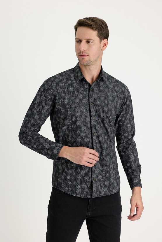 Erkek Giyim - Uzun Kol Slim Fit Baskılı Gömlek
