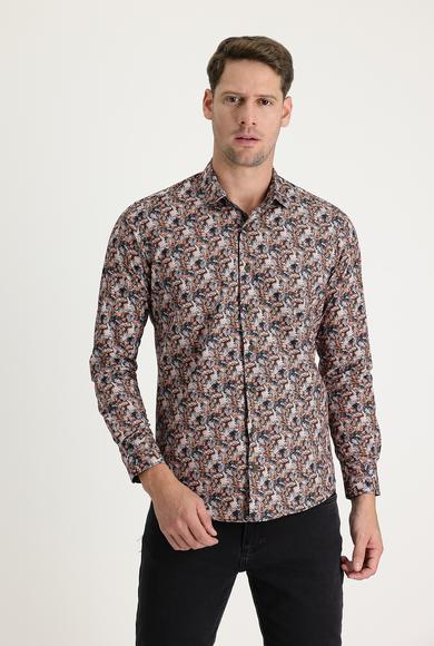 Erkek Giyim - ORTA TURUNCU XL Beden Uzun Kol Slim Fit Baskılı Gömlek