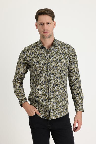 Erkek Giyim - HARDAL XL Beden Uzun Kol Slim Fit Baskılı Gömlek