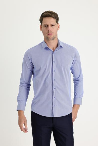 Erkek Giyim - KOYU MAVİ XL Beden Uzun Kol Slim Fit Desenli Gömlek