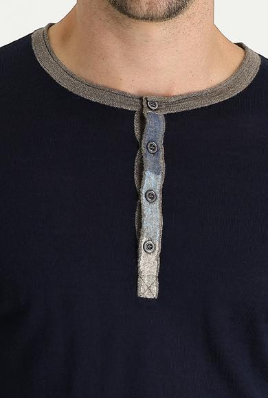Erkek Giyim - Lacivert 3X Beden Düğmeli Yaka Slim Fit Desenli Yünlü Triko Kazak
