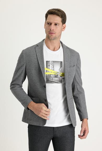 Erkek Giyim - ORTA GRİ MELANJ 50 Beden Süper Slim Fit Blazer Ceket