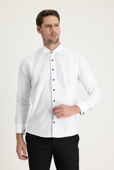Erkek Giyim - BEYAZ L Beden Uzun Kol Ata Yaka Slim Fit Gömlek