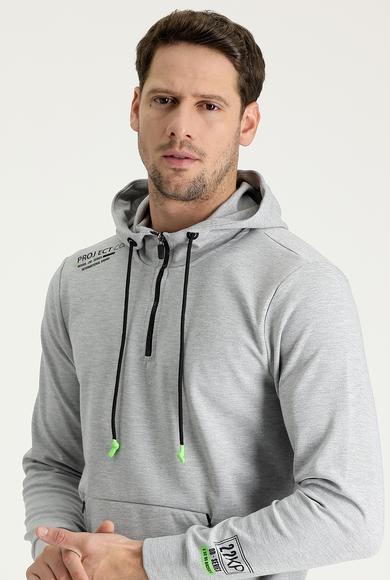 Erkek Giyim - ORTA GRİ MELANJ XL Beden Kapüşonlu Slim Fit Fermuarlı Baskılı Sweatshirt