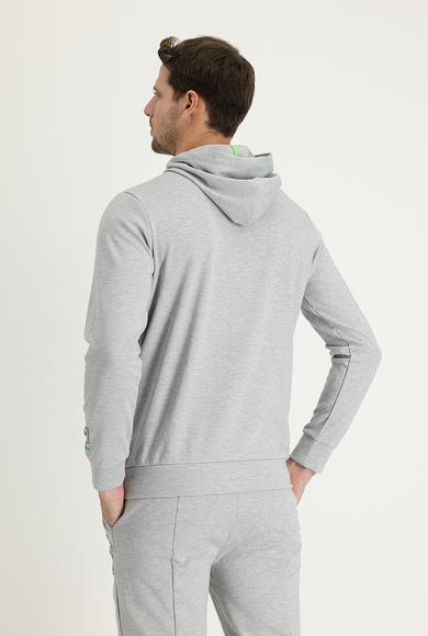 Erkek Giyim - ORTA GRİ MELANJ XL Beden Kapüşonlu Slim Fit Fermuarlı Baskılı Sweatshirt