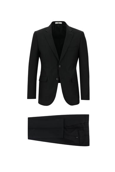 Erkek Giyim - SİYAH 56 Beden Slim Fit Klasik Çizgili Takım Elbise