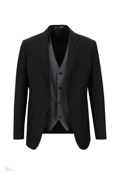 Erkek Giyim - AÇIK SİYAH 56 Beden Slim Fit Kombinli Yelekli Takım Elbise