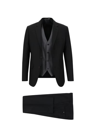 Erkek Giyim - AÇIK SİYAH 52 Beden Slim Fit Kombinli Yelekli Takım Elbise