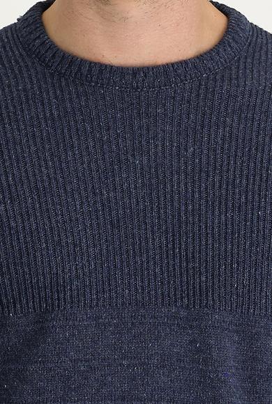 Erkek Giyim - İNDİGO L Beden Bisiklet Yaka Slim Fit Yünlü Desenli Triko Kazak