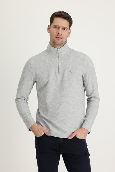 Erkek Giyim - ORTA GRİ MELANJ XL Beden Bato Yaka Fermuarlı Nakışlı Sweatshirt