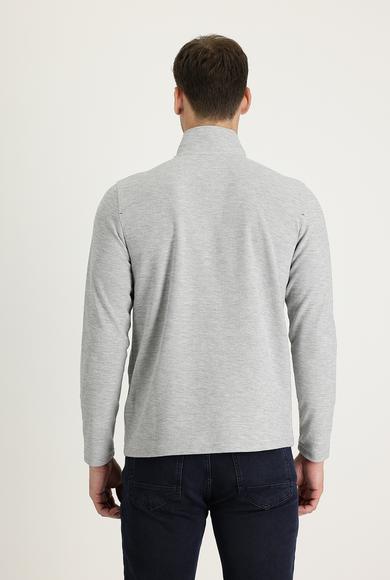 Erkek Giyim - ORTA GRİ MELANJ XL Beden Bato Yaka Fermuarlı Nakışlı Sweatshirt