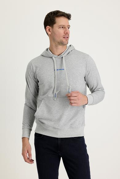 Erkek Giyim - AÇIK GRİ MELANJ XL Beden Kapüşonlu Nakışlı Sweatshirt