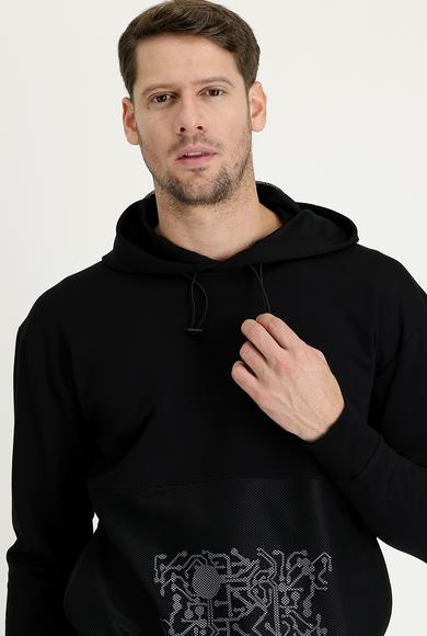 Erkek Giyim - SİYAH M Beden Kapüşonlu Slim Fit Baskılı Sweatshirt