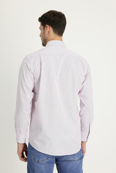 Erkek Giyim - ŞARAP BORDO L Beden Uzun Kol Regular Fit Çizgili Gömlek