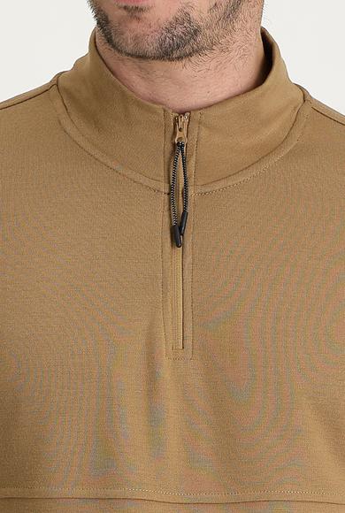 Erkek Giyim - CAMEL L Beden Bato Yaka Slim Fit Fermuarlı Sweatshirt