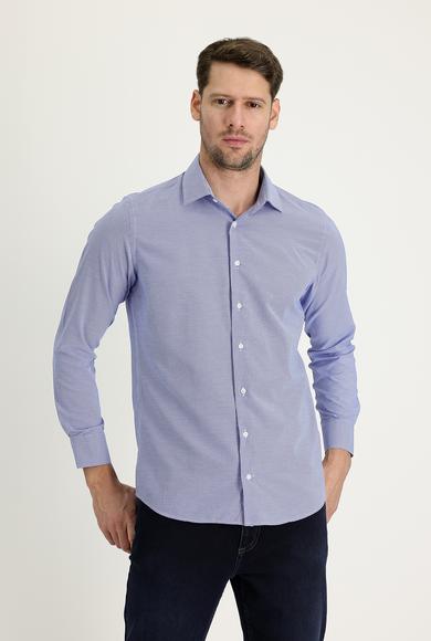 Erkek Giyim - KOYU MAVİ S Beden Uzun Kol Slim Fit Desenli Gömlek