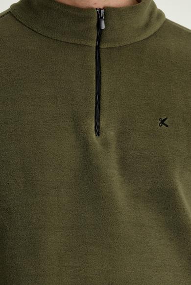 Erkek Giyim - ORTA HAKİ L Beden Yarım Fermuarlı Nakışlı Polar Sweatshirt