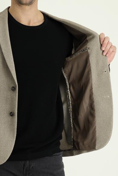 Erkek Giyim - ORTA BEJ 58 Beden Süper Slim Fit Desenli Ceket