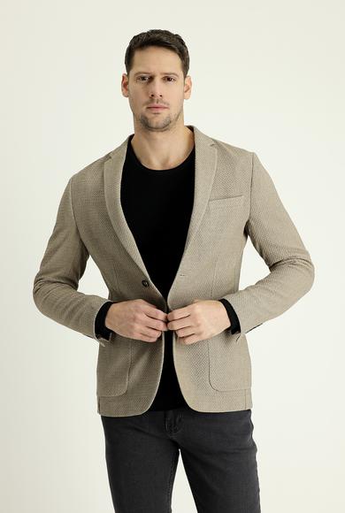 Erkek Giyim - ORTA BEJ 58 Beden Süper Slim Fit Desenli Ceket