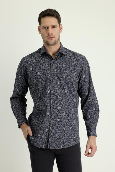 Erkek Giyim - KOYU LACİVERT XL Beden Uzun Kol Regular Fit Baskılı Gömlek