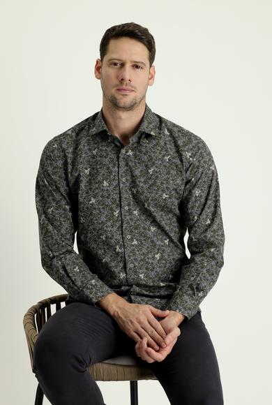 Erkek Giyim - ORTA HAKİ XL Beden Uzun Kol Regular Fit Baskılı Gömlek