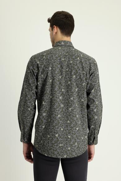 Erkek Giyim - ORTA HAKİ XL Beden Uzun Kol Regular Fit Baskılı Gömlek