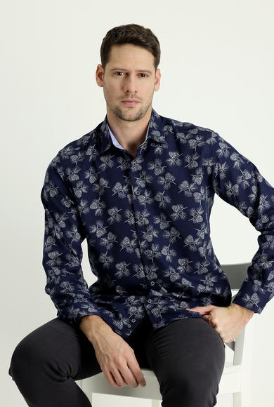 Erkek Giyim - KOYU LACİVERT XL Beden Uzun Kol Regular Fit Baskılı Gömlek