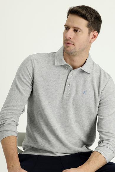 Erkek Giyim - ORTA GRİ MELANJ XXL Beden Polo Yaka Nakışlı Sweatshirt