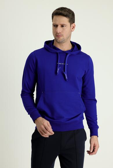 Erkek Giyim - SAKS MAVİ XL Beden Kapüşonlu Nakışlı Sweatshirt