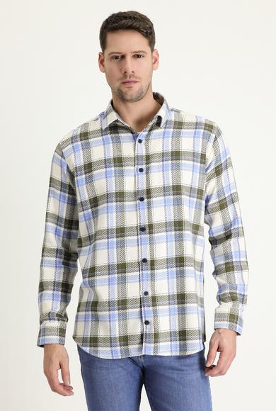 Erkek Giyim - AÇIK MAVİ XXL Beden Uzun Kol Slim Fit Ekose Shacket Oduncu Gömlek