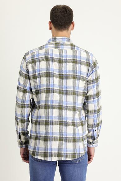 Erkek Giyim - AÇIK MAVİ XL Beden Uzun Kol Slim Fit Ekose Shacket Gömlek