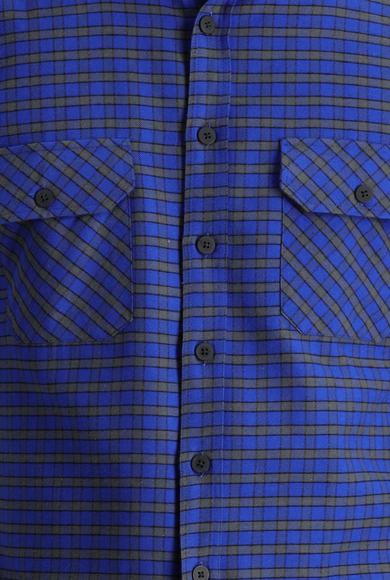 Erkek Giyim - SAKS MAVİ L Beden Uzun Kol Slim Fit Ekose Shacket Gömlek