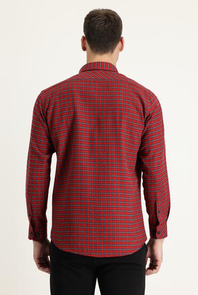 Erkek Giyim - AÇIK KIRMIZI XL Beden Uzun Kol Slim Fit Ekose Shacket Oduncu Gömlek