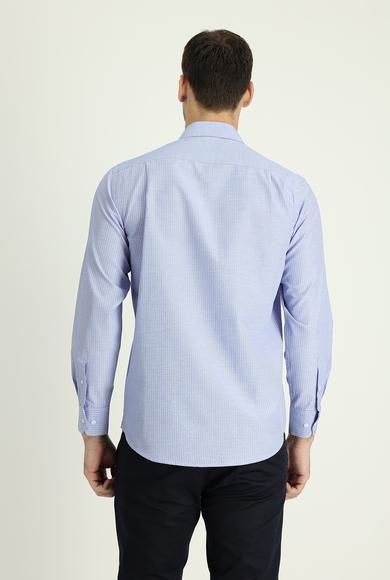 Erkek Giyim - ORTA LACİVERT 4X Beden Uzun Kol Regular Fit Çizgili Gömlek