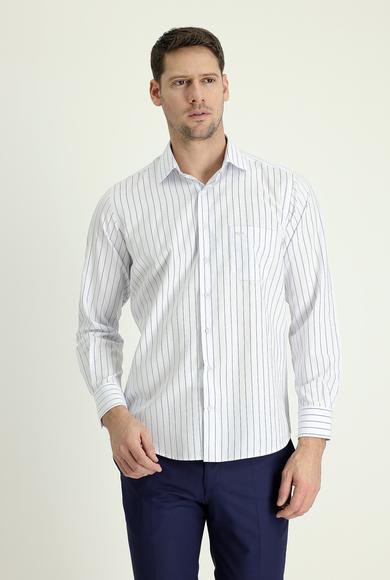 Erkek Giyim - ORTA LACİVERT L Beden Uzun Kol Regular Fit Çizgili Gömlek