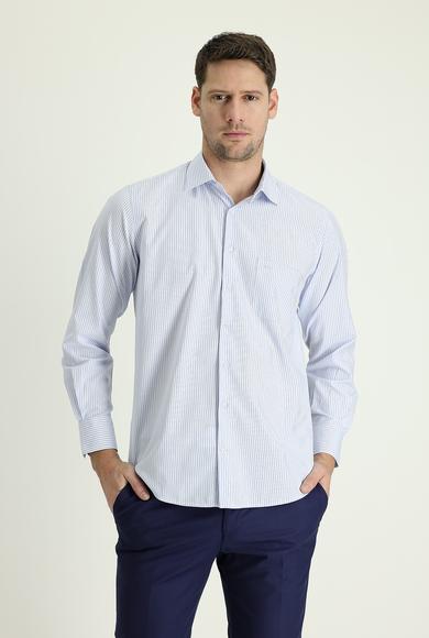 Erkek Giyim - AÇIK MAVİ 4X Beden Uzun Kol Regular Fit Çizgili Gömlek
