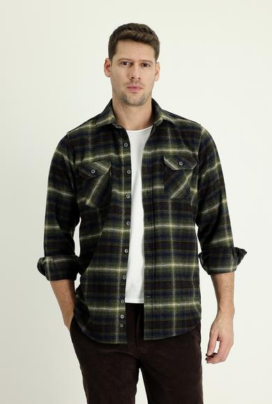 Erkek Giyim - AÇIK HAKİ 4X Beden Uzun Kol Ekose Shacket Gömlek