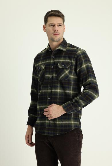 Erkek Giyim - AÇIK HAKİ 3X Beden Uzun Kol Ekose Shacket Oduncu Gömlek
