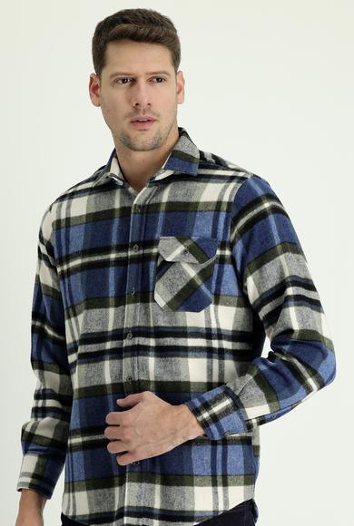 Erkek Giyim - KOYU MAVİ 3X Beden Uzun Kol Regular Fit Ekose Shacket Gömlek
