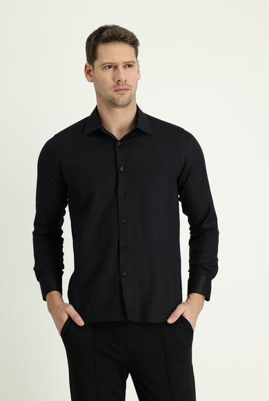 Erkek Giyim - SİYAH XXL Beden Uzun Kol Slim Fit Klasik Desenli Gömlek