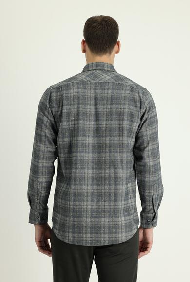 Erkek Giyim - HAVACI MAVİ 3X Beden Uzun Kol Regular Fit Ekose Shacket Gömlek